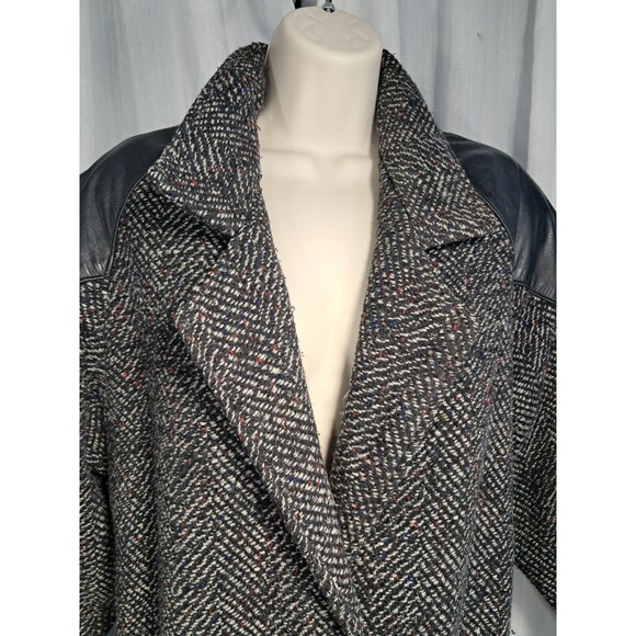 Vintage 80s Ann-Gee Wool Blend Coat XL Black Lined Tweed Leather Trim 11/12 - Picture 6 of 14